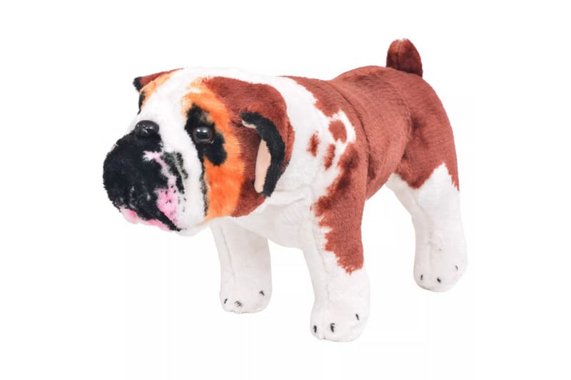 Stående leksakshund bulldog plysch vit och brun XXL