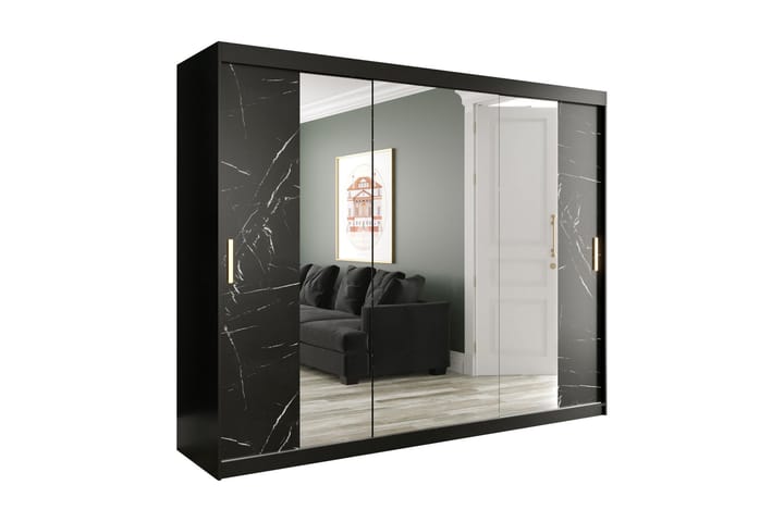 MARMUL Garderob med Speglar Kant 250  cm Marmormönster Svart