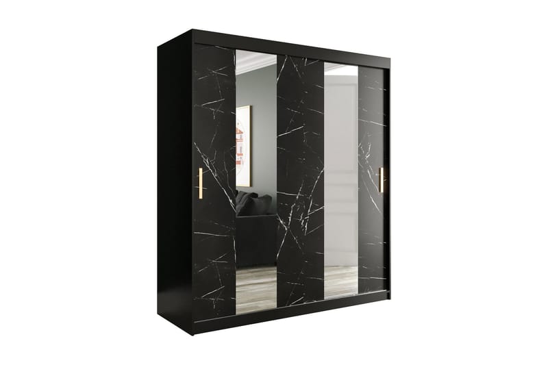 MARMUL Garderob med Speglar Mitt 180  cm Marmormönster Svart