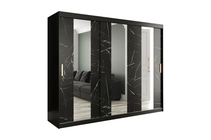 MARMUL Garderob med Speglar Mitt 250  cm Marmormönster Svart