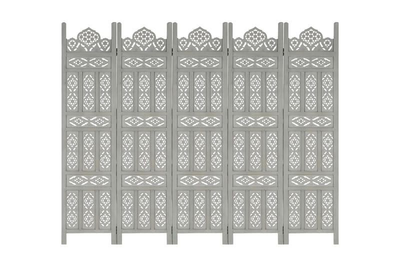 Rumsavdelare 5 paneler handsnidad grå 200x165 cm mangoträ