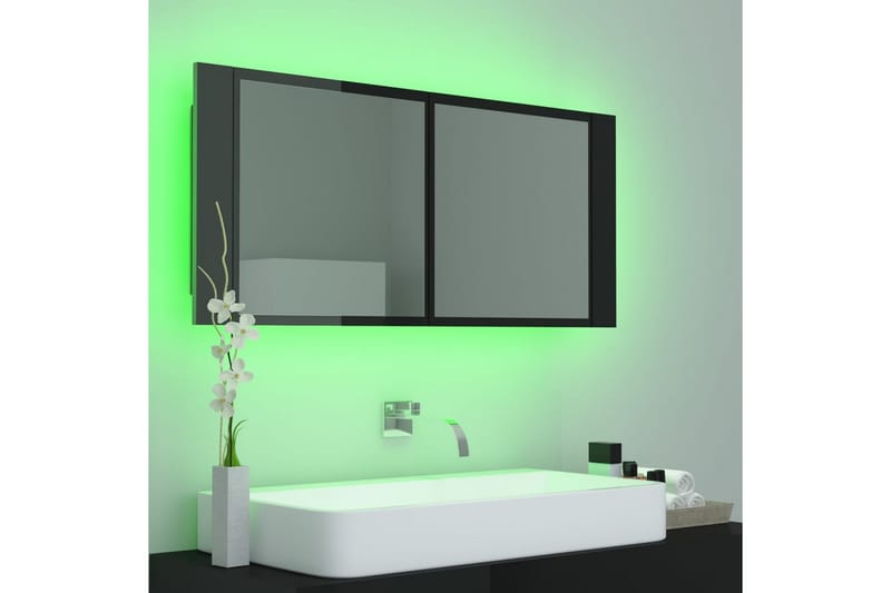 Spegelskåp för badrum LED svart högglans 100x12x45cm