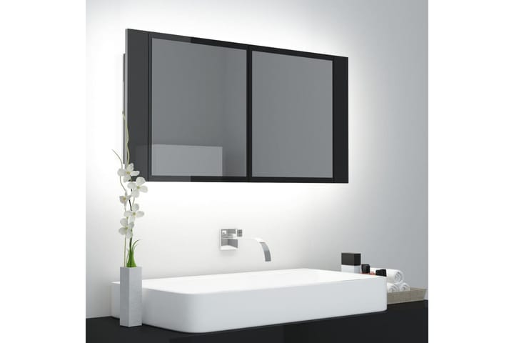 Spegelskåp för badrum LED svart högglans 90x12x45 cm