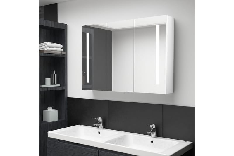 Spegelskåp med LED 89x14x62 cm glänsande vit