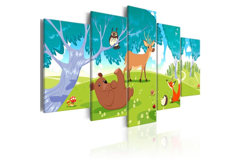 Tavla Friendly Animals 5 Parts 200X100 Grön|Flerfärgad|Vit - Tavlor för barn - Inredning & dekor - Tavlor & konst - Canvastavla