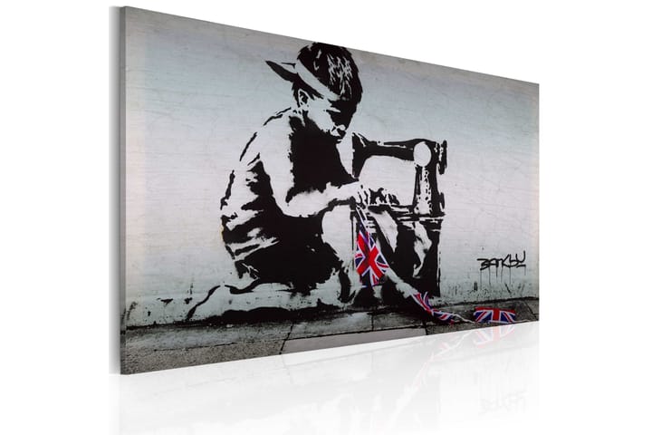 Tavla Union Jack Kid Banksy 60X40 Vit|Svart Street art - Artgeist sp. z o. o. - Inredning & dekor - Tavlor & konst - Canvastavla