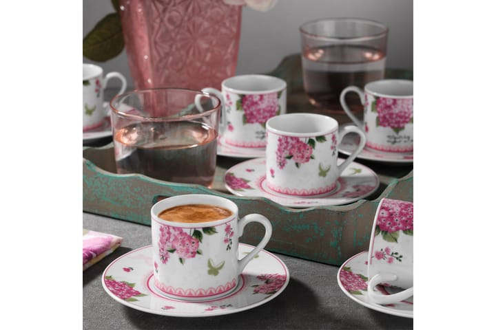Kütahya Kaffeservis 12 Delar Porslin Vit/Rosa/Grön - Kök & hushåll - Servering & dukning - Koppar & muggar - Kaffekoppar & kaffemuggar