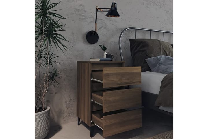 Sängbord med metallben brun ek 40x35x69 cm - Brun - Möbler - Bord