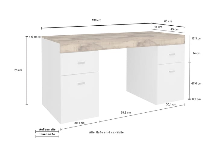 SELLIN Skrivbord 130 cm m Förvaring 2 Lådor + 2 Dörrar Natur - Möbler - Bord