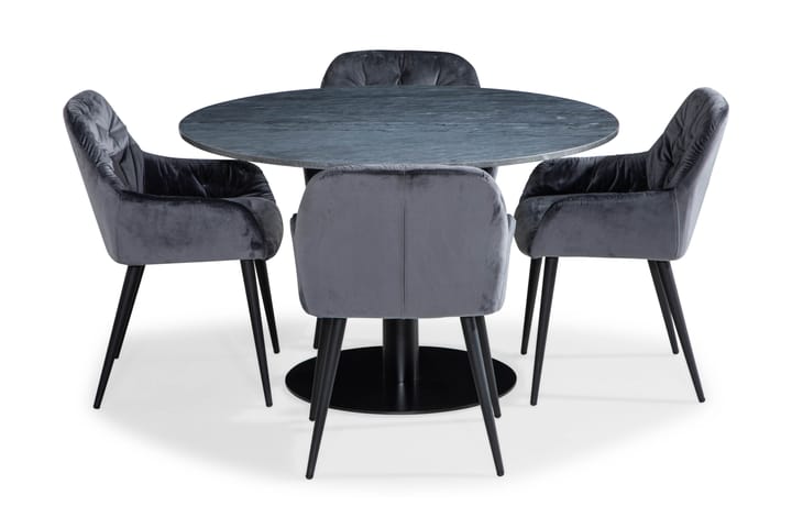 GENEVA Matgrupp 120 cm Rund Marmor + 4 MARY Stol Sammet Grå - Möbler - Matplats - Matgrupp & matbord med stolar