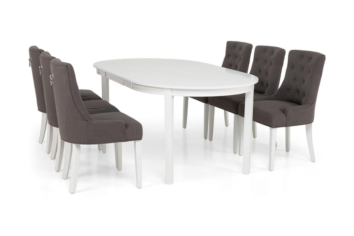 LEVIDE Matbord 150 Ovalt Vit + 6 VIKTORIA Stol Grå/Vit - Möbler - Matplats - Matgrupp & matbord med stolar