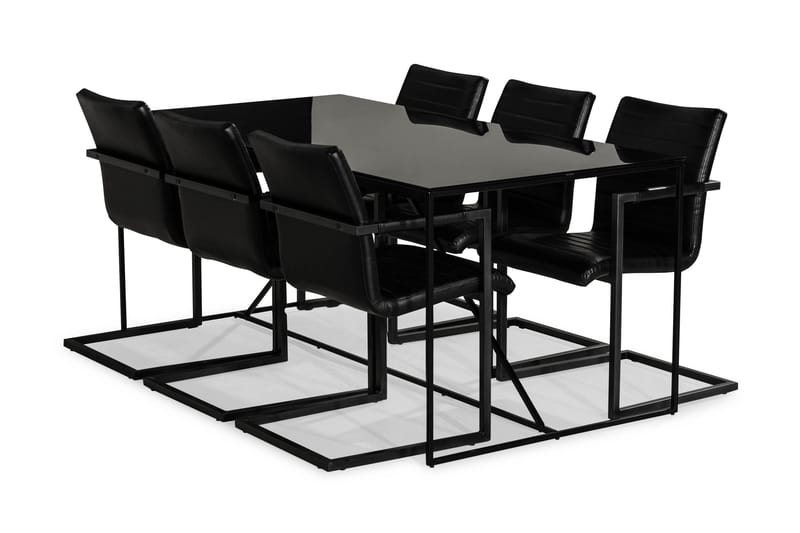 NIJOU Matbord + 6 HENRY Stol Svart PU/Glas/Metall - Möbler - Matplats - Matgrupp & köksgrupp