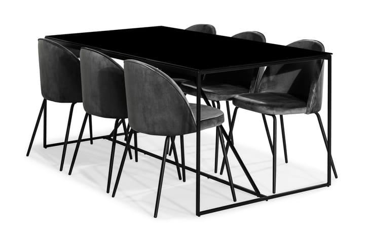 NIJOU Matbord + 6 SANDRO Stol Sammet Grå/Svart/Glas/Metall - Möbler - Matplats - Matgrupp & matbord med stolar