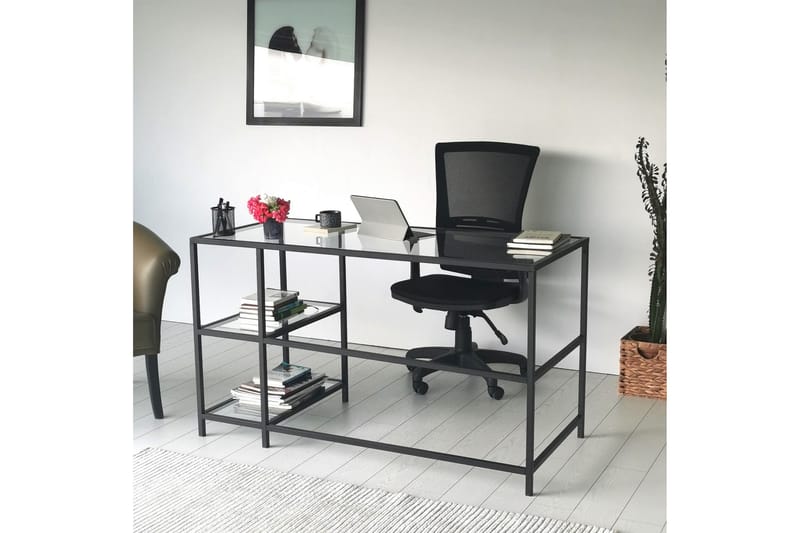 DELARYD Skrivbord 130 cm med Förvaring 2 Hyllor Glas/Svart - Möbler - Hemmakontor - Skrivbord