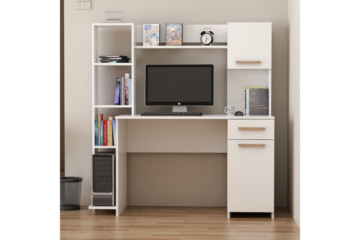 MERRY Skrivbord 144 cm med Förvaring Hyllor+Låda+Skåp Vit/Br - Homemania - Möbler - Hemmakontor - Skrivbord