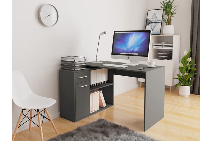 TATARIAN Hörnskrivbord 120 cm med Förvaring Låda+Skåp+Hylla - Grå - Möbler - Hemmakontor - Skrivbord