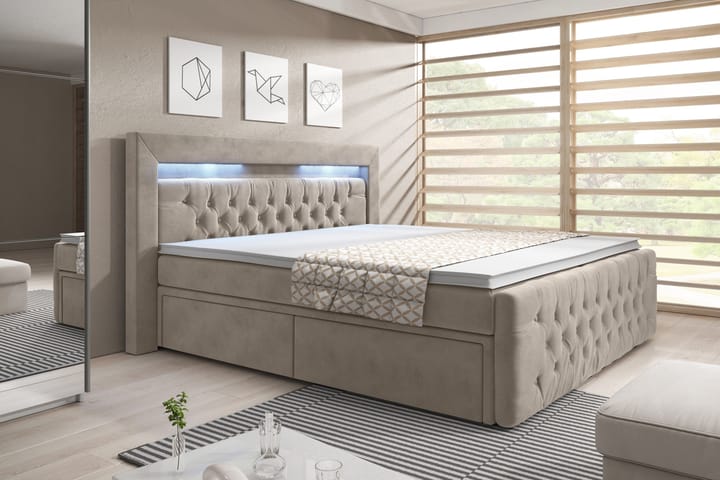 ELIO Sängpaket 160x200 med Förvaring LED-belysning Beige/Sam - Möbler - Sovrum - Sängar - Sängar med förvaring
