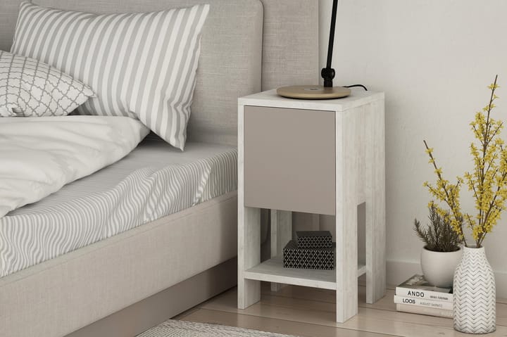 CORALEE Sängbord 30 cm med Förvaring Hylla + Lucka Vit/Trä - Vit/Trä - Möbler - Sovrum - Sängbord
