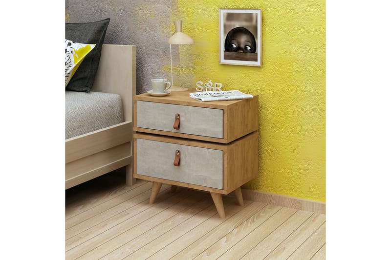 ELLINA Sängbord 50 cm med Förvaring Lådor Läderbeslag Trä/Vi - Trä/Vit - Möbler - Sovrum - Sängbord