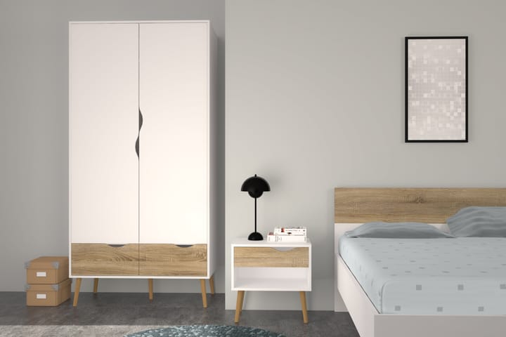 ORINO Sängbord 50 cm med Förvaring Låda + Hylla Vit/Ekfärg - Möbler - Sovrum - Sängbord