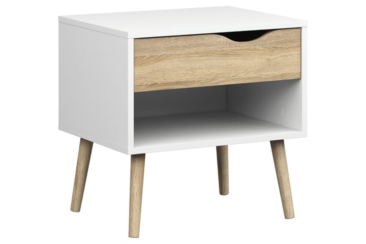 ORINO Sängbord 50 cm med Förvaring Låda + Hylla Vit/Ekfärg - Möbler - Sovrum - Sängbord