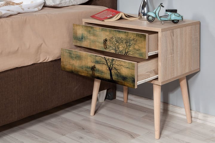 PETRONILA Sängbord 60 cm med Förvaring 2 Lådor Brundsilhuett - Brun/Grön - Möbler - Sovrum - Sängbord