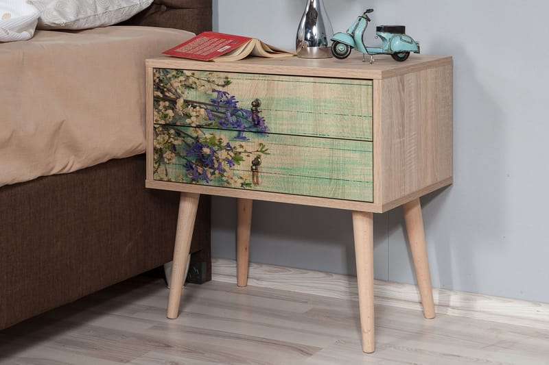 PETRONILA Sängbord 60 cm med Förvaring 2 Lådor Körsbärsblom - Teak - Möbler - Sovrum - Sängbord