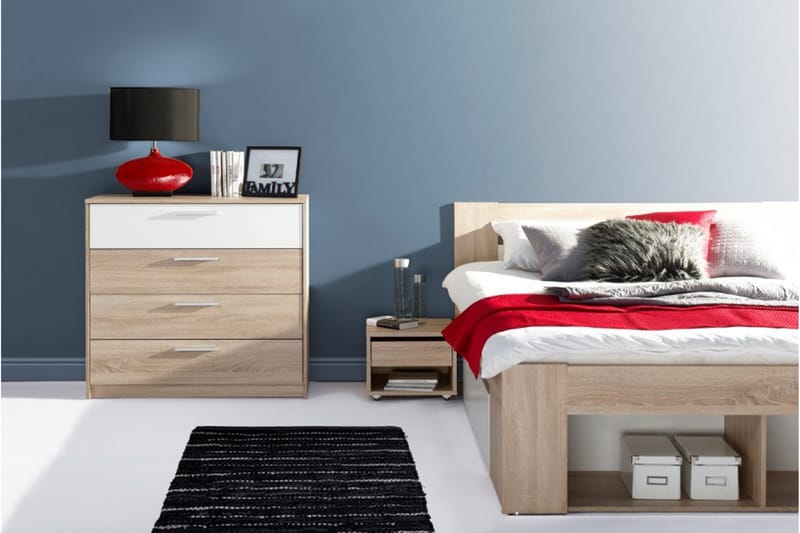 NOTARA Sängram med Förvaring 140x200 + Sängbord Vit/Ek - Möbler - Sovrum - Sängram & sängstomme