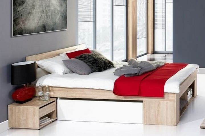 NOTARA Sängram med Förvaring 140x200 + Sängbord Vit/Ek - Möbler - Sovrum - Sängram & sängstomme