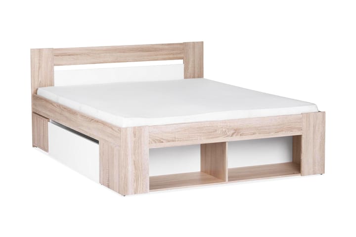 NOTARA Sängram med Förvaring 160x200 + Sängbord Vit/Ek - Möbler - Sovrum - Sängram & sängstomme