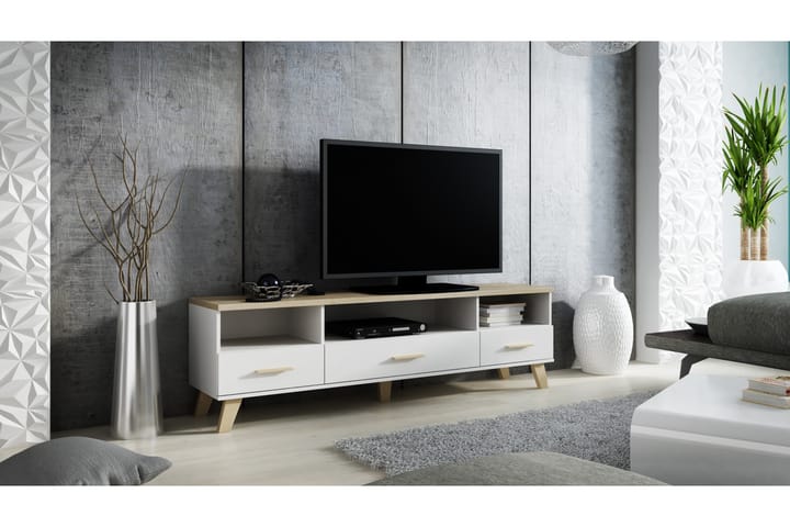LOTEN Tv-bänk 180x40x53 cm med 3 Hyllor + 3 Lådor Vit/Sonoma - Möbler - Vardagsrum - Tv-möbler & mediamöbler - Tv-bänkar