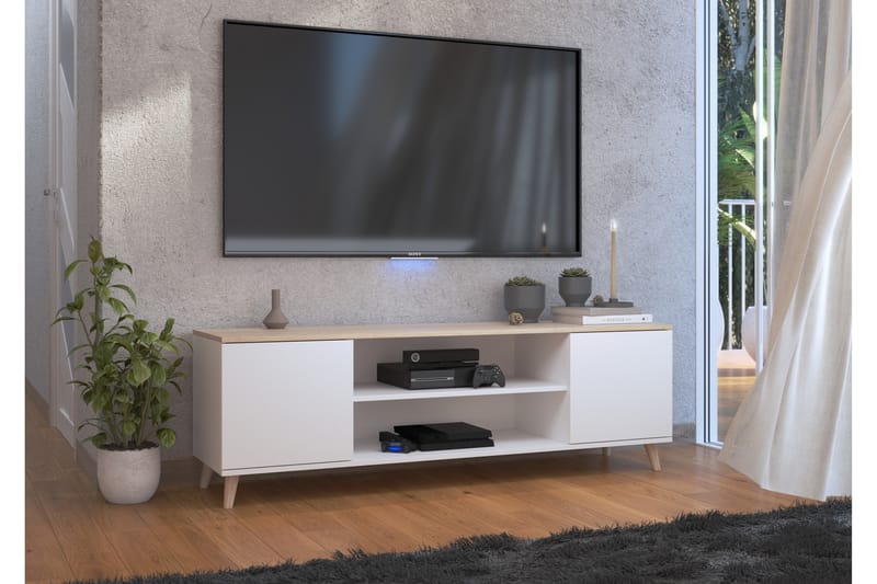 PETRES Tv-bänk 155 cm med 2 Dörrar Vit/Sonomaek - Möbler - Vardagsrum - Tv-möbler & mediamöbler - Tv-bänkar
