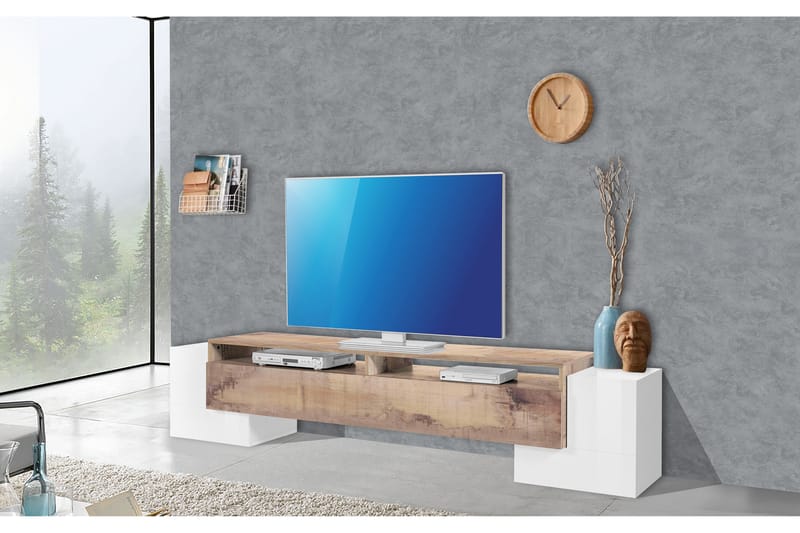 PILASSA Tv-bänk 210 cm Vit/Natur/Lönnfärg