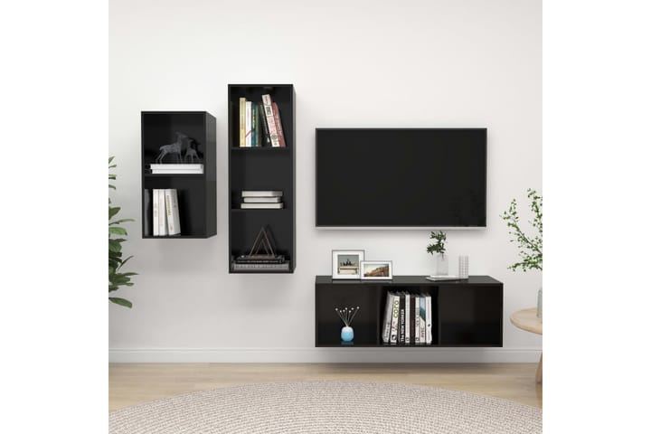 TV-skåp 3 delar svart högglans spånskiva - Svart - Möbler - Vardagsrum - Tv-möbler & mediamöbler - Tv-bänkar