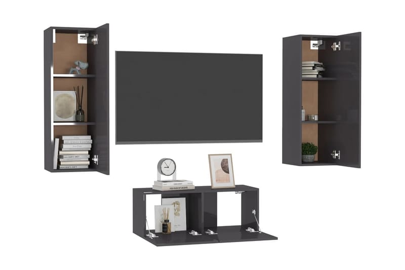 TV-skåp 3 delar grå högglans spånskiva - Grå - Möbler - Vardagsrum - Tv-möbler & mediamöbler - Tv-skåp