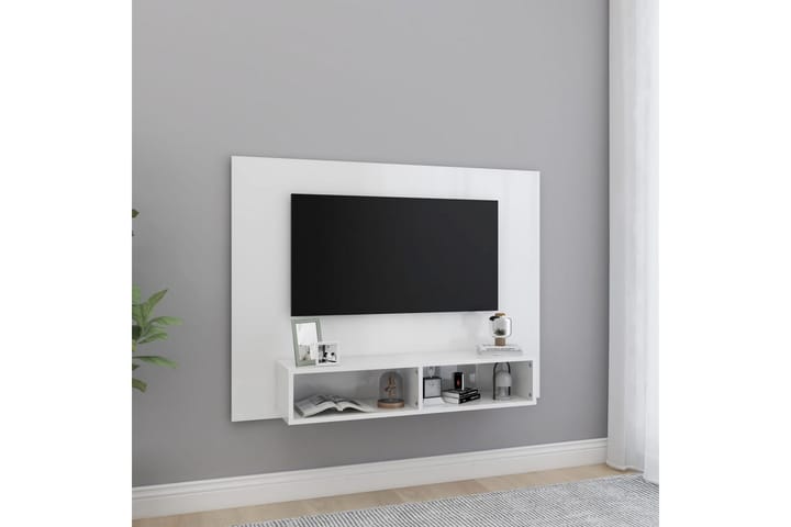 Väggmonterat tv-skåp vit högglans 120x23,5x90 cm spånskiva
