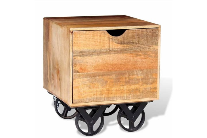 Sidobord med låda och hjul massivt mangoträ 40x40x45 cm - Brun - Möbler - Vardagsrum - Soffbord & vardagsrumsbord - Sidobord & lampbord
