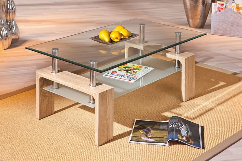 LOANA Soffbord 100 cm med Förvaring Hylla Glas/Vit/Natur - Möbler - Vardagsrum - Soffbord & vardagsrumsbord - Soffbord