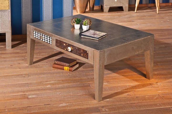 NOIDA Soffbord 110 cm med Förvaring Lådor Mangoträ/Ljusgrå - Möbler - Vardagsrum - Soffbord & vardagsrumsbord - Soffbord