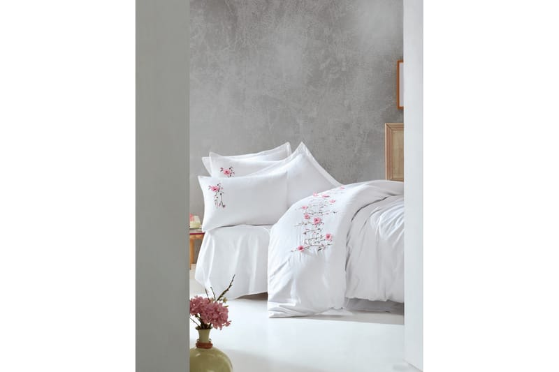 COTTON BOX Bäddset Dubbelt 6-dels Premium Satin Vit/Rosa - Textilier & mattor - Sängkläder