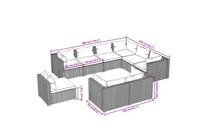 Loungegrupp för trädgården med dynor 9 delar konstrotting sv - Svart - Utemöbler - Utemöbelgrupp - Loungegrupp