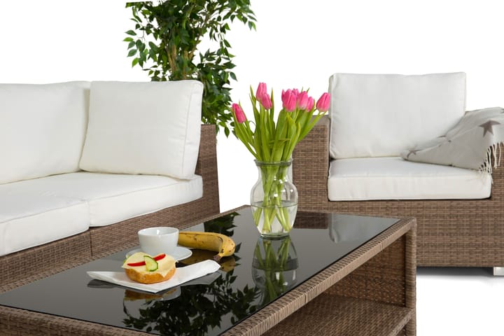 BAHAMAS Loungesoffa 3-sits + Bord Hylla + 2 Fåtöljer Sand - Utemöbler - Loungemöbler
