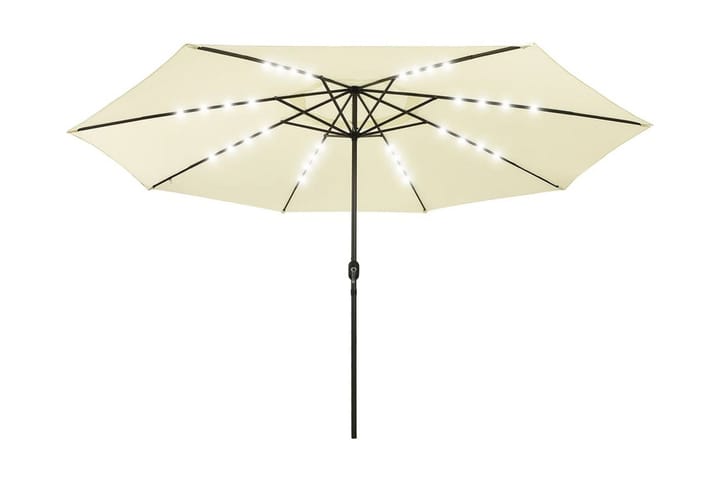Parasoll med LED-lampor och metallstång 400 cm sandfärgad